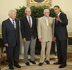 Aldrin, Collins et Armstrong reçus le 20 juillet 2009 à la Maison-Blanche par le président Barack Obama.