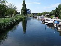 photo d'un canal bordé à gauche de verdure et à droite de bateaux