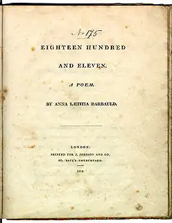 Le texte dit "Eighteen Hundred and Eleven, A Poem. By Anna Laetitia Barbauld. London: Printed for J. Johnson and Co., St. Paul's Churchyard. 1812."