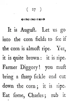 On lit sur la page : «&nbsp;It is August. Let us go into the corn fields to see if the corn is almost ripe. Yes, it is quite brown: it is ripe. Farmer Diggory! you must bring a sharp sickle and cut down the corn ; it is ripe. Eat some, Charles; rub it&nbsp;»