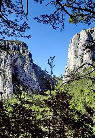 Vue de la cluse marquant la sortie des gorges.