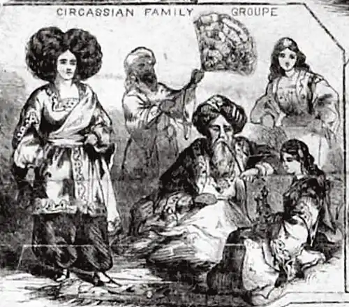 Détail d'affiche, femme aux cheveux crépus à côté d'un Turc assis qu'on évente.