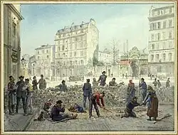 Construction d'une barricade, place Blanche (9ème arrondissement), le 19 mars 1871.