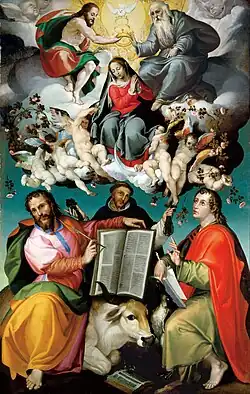 Le couronnement de la Vierge avec les saints Luc, Dominique et Jean l'évangéliste, vers 1580, Ville d'Adélaïde, galerie d'art d'Australie-Méridionale.