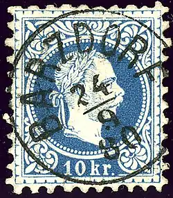 Timbre de François-Joseph, oblitéré « Barzdorf » en 1880.