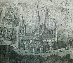Dessin en noir en blanc d'un vaste église dans son environnement urbain.
