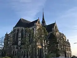 Basilique vue depuis le nord avec, au premier plan, des arbres. Le ciel est bleu.