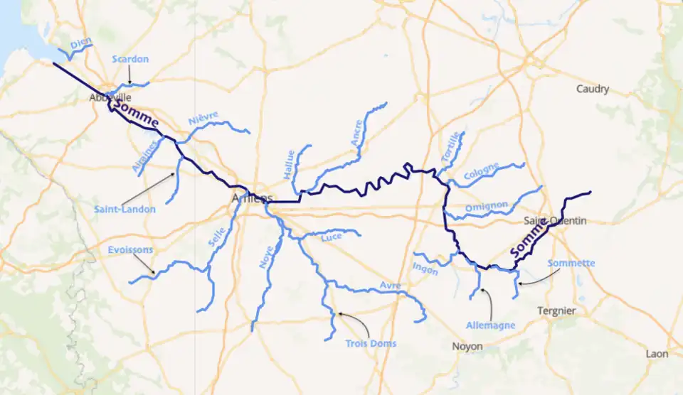 Cours de la Somme et des cours d'eau de son bassin de plus de 10 km en carte interactive.