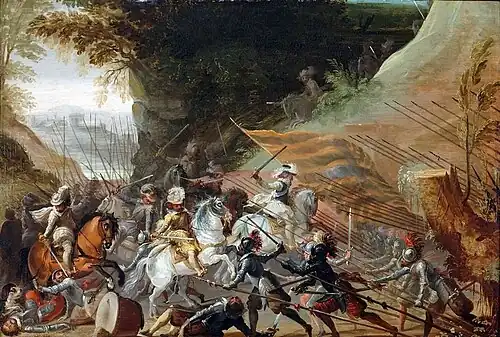 Tableau représentant une bataille où le roi et ses gentilhommes portent des panaches à leurs chapeaux.