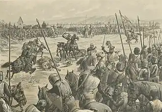 Dessin de plusieurs dizaines d'hommes en armure et à cheval qui se battent entre eux avec des lances et des boucliers dans une plaine.