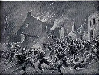 Reproduction en noir et blanc d'un tableau montrant des militaires au combat dans un village en flammes.