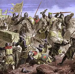 Gravure du XIXe&nbsp;siècle en couleurs représentant des chevaliers, dont l'un est couronné, fonçant sur des fantassins.