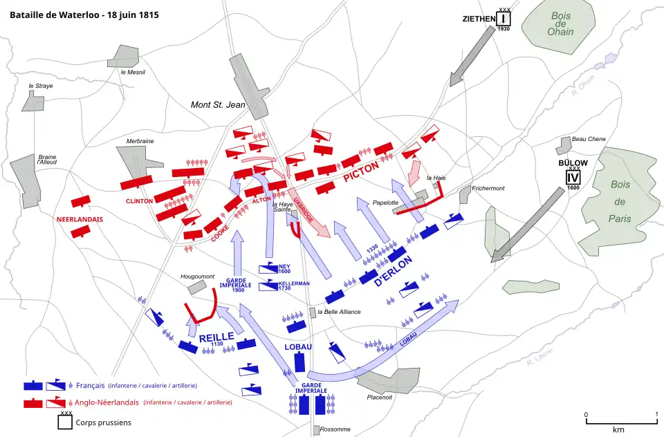 Carte des forces en présence à la bataille de Waterloo, le 18 juin 1815