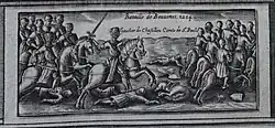 Illustration en noir et blanc d'un chevalier monté en armure menant des combattants à la poursuite d'autres soldats prenant la fuite.