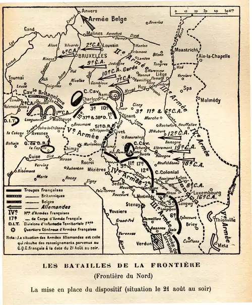 Carte montrant le dispositif franco-britannique de Valenciennes à Verdun.