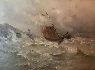 Bateau de pêche se présentant devant un port par grosse mer