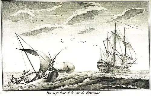 Bateau de pêche breton croisant un vaisseau de ligne sur son arrière.