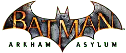 Le nom Batman écrit en jaune à l'intérieur d'une forme de chauve souris grise, sous titré en noir par Arkham Asylum.