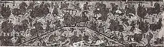 Scène de bataille sur un pont. Estampage d'un bas-relief sur pierre. Mur Ouest de la chambre funéraire de la famille Wu. Han Orientaux. Shandong.
