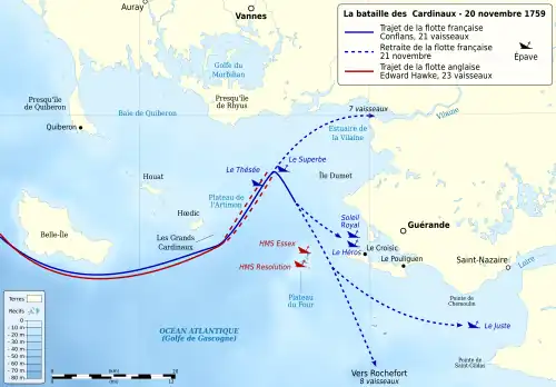 La fuite de l'escadre française après la bataille des Cardinaux. Le Robuste fait partie des sept vaisseaux qui se réfugient dans la Vilaine.