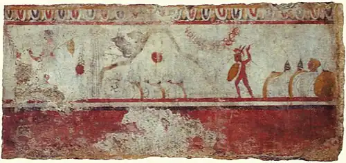 Bataille des Fourches Caudines où sont représentés des soldats samnites. Fresque lucanienne, musée archéologique national de Pæstum, vers 320 av. J.-C.