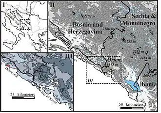 Carte des bouches de Kotor entre le mont Lovcen et l'Orjen.