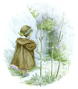 Lucie devant la porte, une scène que Beatrix reproduit souvent dans ses contes.