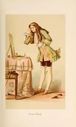 Jeune dandy penché sur une coiffeuse et bouclant sa chevelure, habit vert pâle à vastes parements dorés, air efféminé