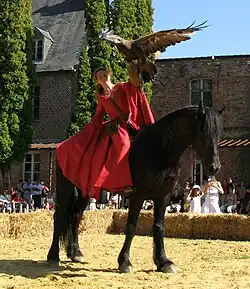 Cheval noir monté sans selle ni bride, un rapace volant au-dessus
