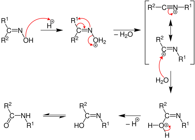 Réarrangement d'une cétoxime R1(CNOH)R2 en amide R2CONHR1.