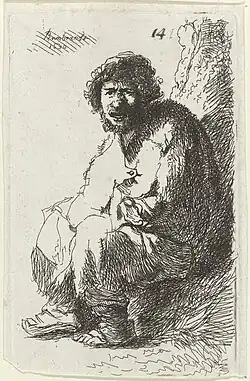 Mendiant, assis contre une colline, gravure de Thomas Worlidge (XVIIIe&nbsp;siècle, Rijksmuseum Amsterdam), d'après l'estampe Autoportrait en mendiant de 1630 (B. 174).