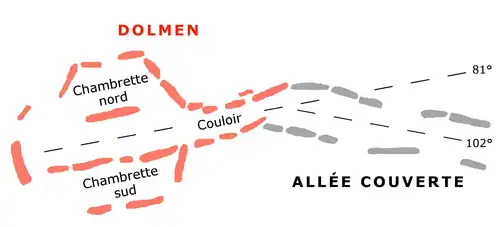 plan des dalles de support (les dalles de couverture n'y figurent pas). À gauche, en rose, le dolmen orienté à 81° ; à droite, en gris, l'allée couverte orientée à 102°