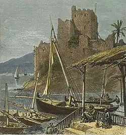 Tableau représentant un château-fort médiéval monumental au bord de la mer avec des embarcations de pêcheurs au premier plan.