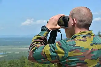 Gros plan sur un soldat belge en treillis Jigsaw, Camp d'entrainement de Grafenwöhr.
