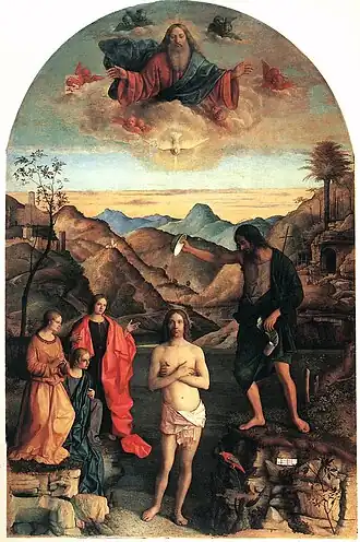 Baptême du Christ, entre 1500 et 1503, huile sur panneau, Giovanni Bellini, Collection	Santa Corona, Vicence.