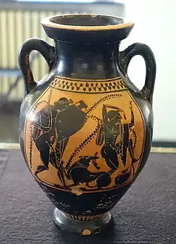 Amphore attique à figures noires représentant des hommes soûls rentrant après un symposion, v. 500-490 av. J.-C. Martin von Wagner Museum.