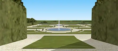 Restitution de la vue depuis le deuxième belvédère du jardin du château de Villennes, début XVIIIe.