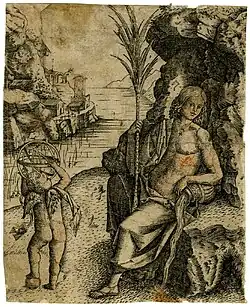 Un dieu de la rivière assis avec une urne qui coule, et un génie ailé à côté de lui.