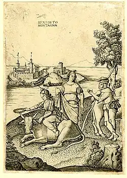 L'Enlèvement d'Europe, qui s'apprête à s'asseoir sur le taureau qui se fait couronner par un compagnon.