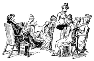 La famille Bennet à Longbourn, par Hugh Thomson (1894). Illustration pour le chapitre IIJane Austen 2006, p.&nbsp;135.