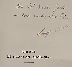 Image d'une dédicace de Benezet Vidal à Ismaël Girard