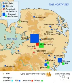 Carte montrant les plus grosses concentrations de pièces à Middle Harling, dans le centre de l'Est-Anglie, et Burrow Hill, dans le sud-est