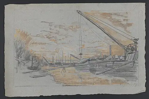 Bercy - Paris (bord de Seine avec chalands à l'ancre en cours de chargement, soleil couchant) (1877).