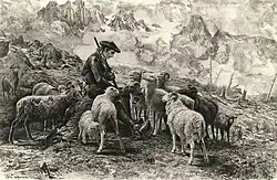 Illustration en noir et blanc d'un berger avec son troupeau de brebis