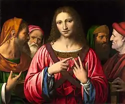 Un même poncif a servi dans le Salvator Mundi et Christ parmi les docteurs de Bernardino Luini, National Gallery.
