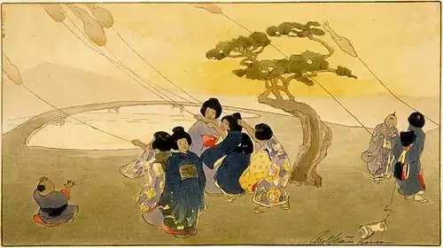Gravure sur bois d'enfants japonais en kimono faisant voler des cerfs-volants contre un ciel jaune.