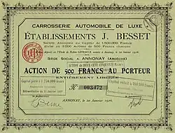 Titre des Etablissements J. Besset à Annonay (Ardèche)