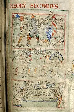 3 scènes superposées, les 2 du haut montrant des batailles et celle du bas un homme couché