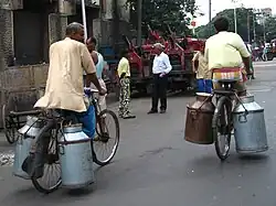 Des bidons à lait transportés à vélo, en 2007 en Inde.