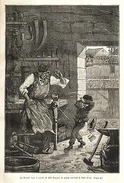 Gravure montrant l'accident d'un petit enfant blessé au visage dans un atelier.